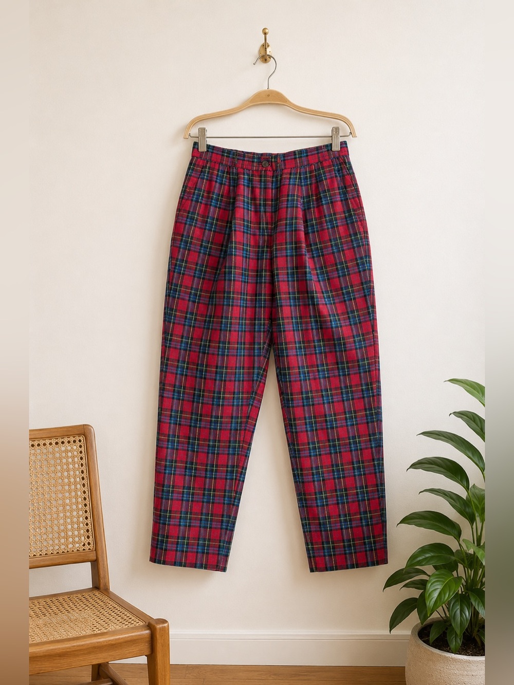 Vtg Italian Red Plaid High Waisted Wool Pants Tapered Pleated Trousers Sz 42 (8)